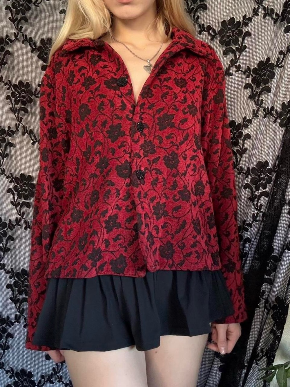 Red and Black Floral Button-Up Jacket